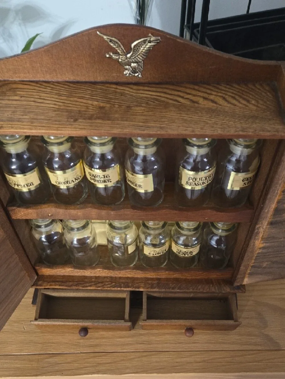 Vintage Wooden Spice Cabinet w/ Eagle Emblem – Retro Boho Kitchen Décor – Comple
